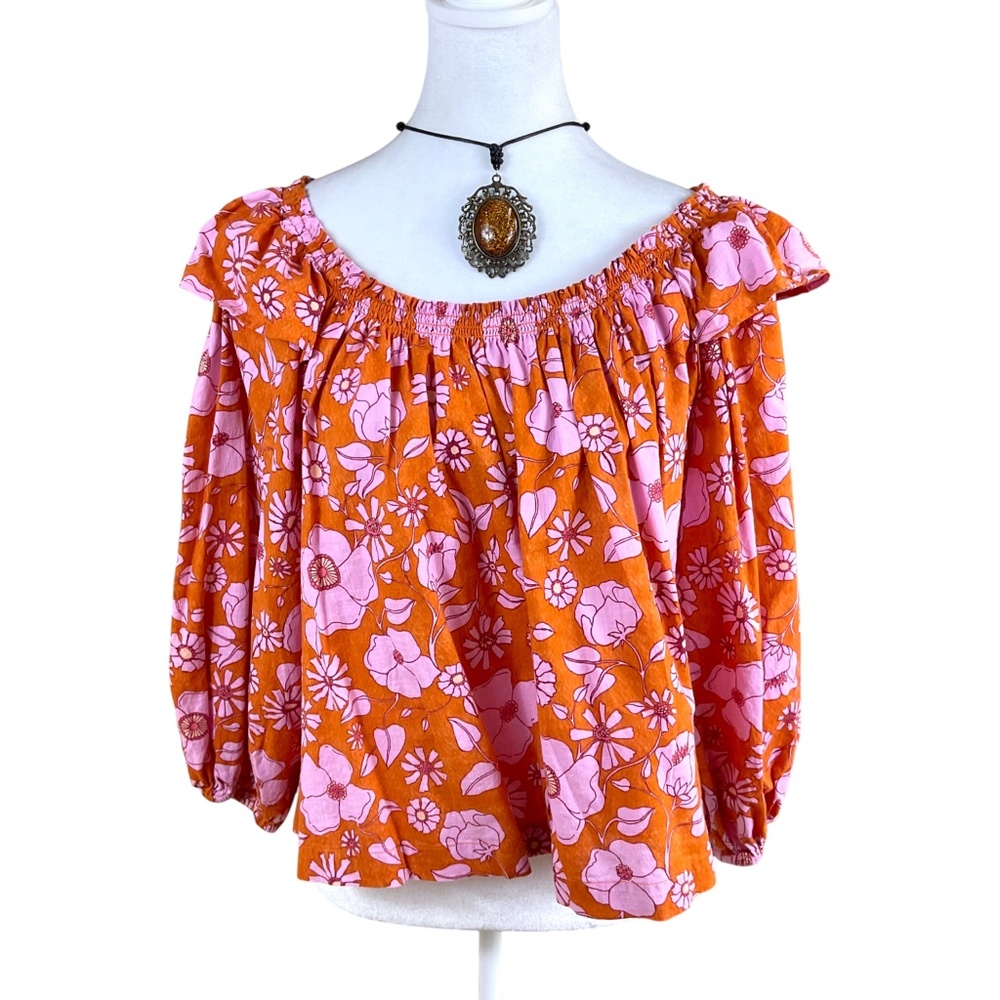 Free People Boho Top Cotton Floral Orange Pink Retro Hippie (S)